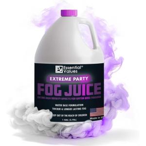 imageEssential Values Fog Machine Fluid  Extreme High Density Fog Juice 128 FL OZ  1 Gallon  WhiteOut Conditions for Water Based Foggers Designed for 700 Watts  Manufactured in USA1 Gal  Extra High Density
